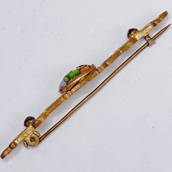 Vintage 1930s Art Deco Gold Tone Bar Brooch Foil Glass Cabochon Czech-style Pin - Picture 9 of 15